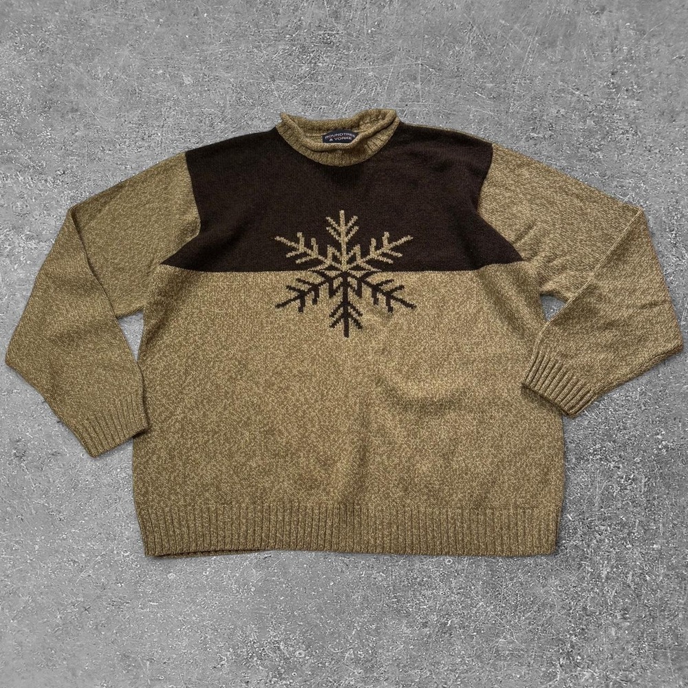 Roundtree & Yorke Mens Brown Tan Snowflake Mock Neck Sweater Large Cotton Wool